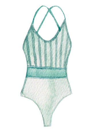 Watercolor summer element, blue swimsuit isolated on white background. For various fashion and summer products, etc.の写真素材