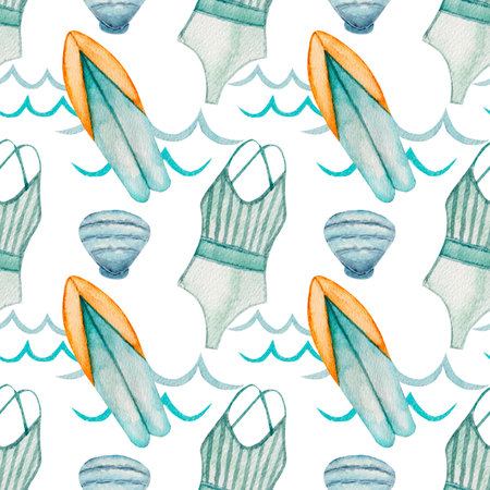 Watercolor summer pattern, surf board, swimwear, seashell, simple waves on white background. For...