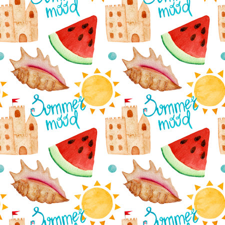 Watercolor summer pattern, watermelon, sand castle, seashell, sun, text on white background. For...