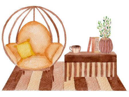 Watercolor interior composition, armchair with pillow, table with various decor isolated on white background. Furniture set for various products, etc.の写真素材