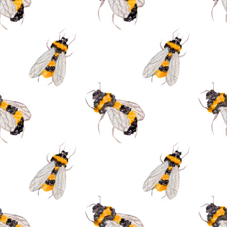 Watercolor seamless pattern with bright bees on white background. Simple pattern for various products, hobbies, wrapping etc.の写真素材