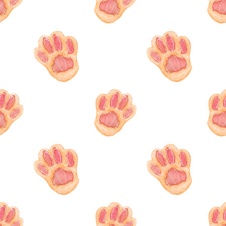 Seamless watercolor pattern with animal paws. Cute background for for packaging, fabric, paper, etc.の写真素材
