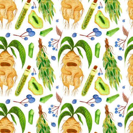 Watercolor seamless pattern, magic mandrake root with green leaves, blu berries, various herbs on a white background. For various Halloween products, wrapping, etc.の写真素材