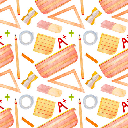 Watercolor pattern, school accessories, ruler, pencil, mathematics symbols, pencil case, easer on a white background.の写真素材