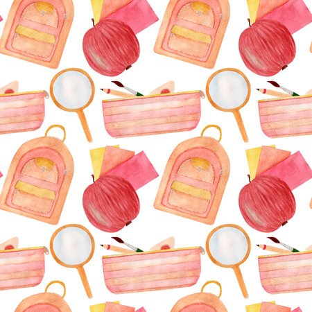 Watercolor pattern, school accessories, apple, colorful paper, tools case, bag, magnifying glass on a white background.の写真素材