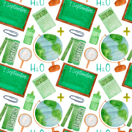 Watercolor pattern, chalkboard, globe, school elements on a white background. For various school products, wrapping, etcの写真素材