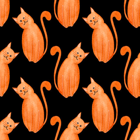 Watercolor seamless pattern with cute ginger cats on a black background. For various products, animal products, wrapping etc.の写真素材
