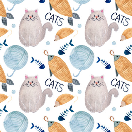 Watercolor seamless pattern with gray cat, text, various pets toys and dots on a white background. For various products, animal products, wrapping etc.の写真素材