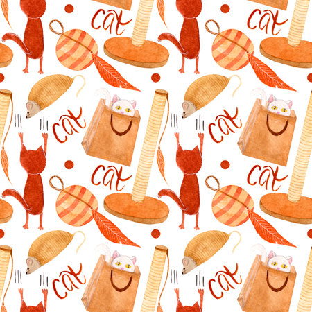 Watercolor seamless pattern with playful cats, text, various toys and dots on a white background. For various products, animal products, wrapping etc.の写真素材