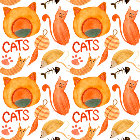 Watercolor seamless pattern with cute ginger cats, text, animal toys and furniture on a white background. For various products, animal products, wrapping etc.の写真素材