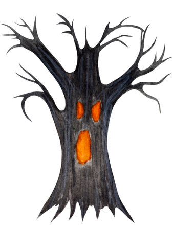 Watercolor halloween illustration. Dry black tree with spooky face isolated on a white background. For various products, cards, etc.の写真素材