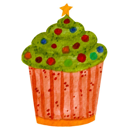 Watercolor food illustration, bright cupcake isolated on a white background. Festive element for various products, Christmas and New Year cards etc.の写真素材