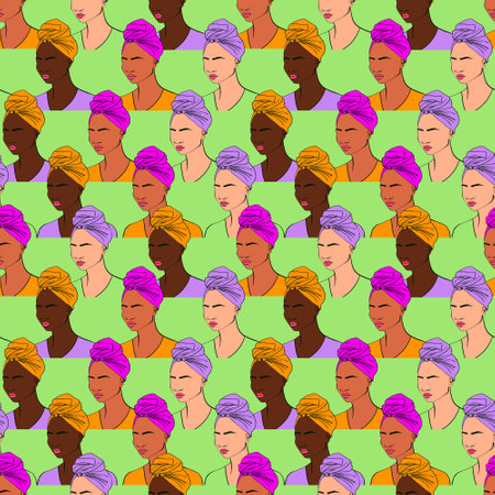 Seamless pattern of female diverse faces with different color. Hand drawing illustrationの写真素材