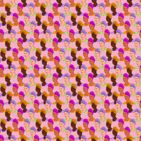 Seamless pattern of female diverse faces with different color. Hand drawing illustrationの写真素材