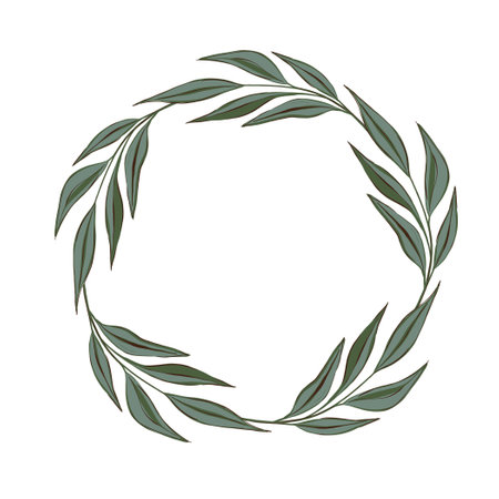 Greenery flowers wreath. Rustic floral circle background, isolated hand drawing illustration.の写真素材