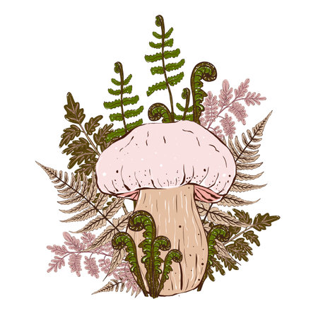 Composition of poisonous mushrooms and fern leaves. Hand drawn illustrationの写真素材