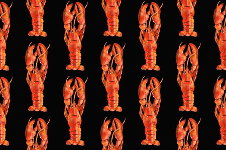 Seamless seafood pattern with lobster. Food background in sketch style. Hand drawn illustration for restaurant menu, wrapping paper, textile.の写真素材