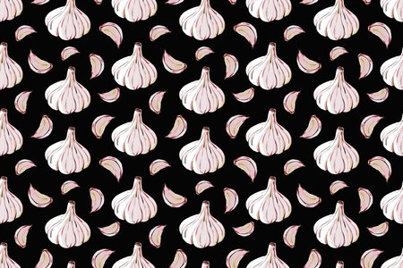 Food seamless pattern with garlic Aromatic spices background for textiles, packaging, restaurant menu. Hand drawn illustrationの写真素材