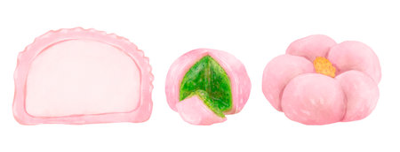 Set of traditional Japanese pink dessert for sakura blossom festival. Hand drawn illustration isolated on white background. Design element for menu, logo, packagingの写真素材