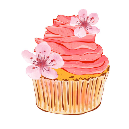 Festive cupcake with cream. Realistic style. Hand drawn illustration isolated on white background....