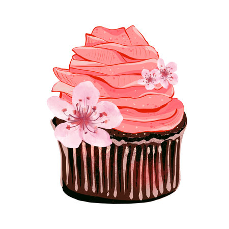 Festive cupcake with cream. Realistic style. Hand drawn illustration isolated on white background....