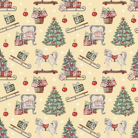 Watercolor Christmas seamless pattern with gift boxes, retro toys, balls and christmas tree. Hand drawn illustration in sketch style. Template for wrapping paper and textile.の写真素材