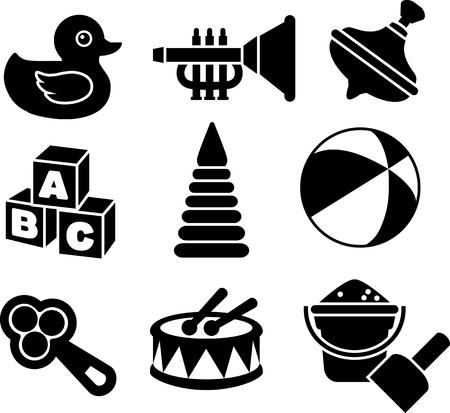 Illustration of the nine different kind of toys on white background. Vector illustrationのイラスト素材