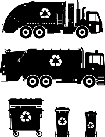 Silhouette illustration of garbage trucks and dumpsters isolated on white backgroundのイラスト素材