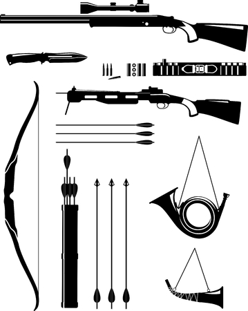 Silhouette illustration hunting weapons and objects isolated on white background. Vector illustration.のイラスト素材