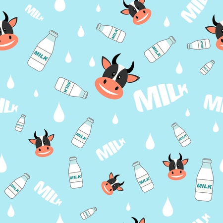 Seamless pattern background with cows and bottles of milk in flat style.のイラスト素材