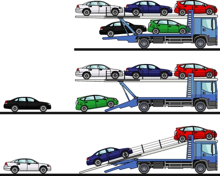 Detailed illustration of car auto transporters on white background in flat style in different positions.のイラスト素材