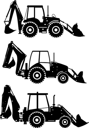 Silhouette illustration of backhoe loaders, heavy equipment and machinery on white background.のイラスト素材