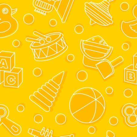 Pattern with various kinds of detailed toys isolated on yellow background.のイラスト素材
