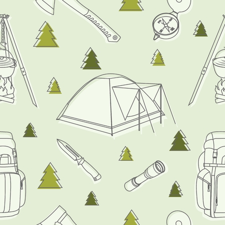 Pattern with various kinds of detailed camp equipment and objects isolated on background.のイラスト素材
