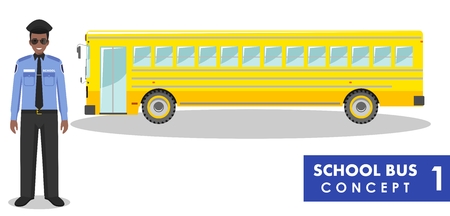 Detailed illustration of classic yellow school bus and driver in flat style on white background.