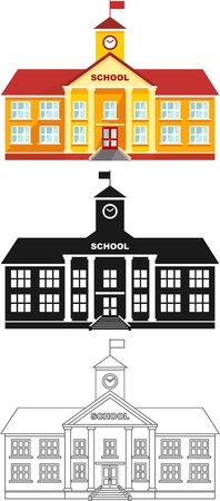Detailed illustration of classical school building isolated on white background in a flat style.のイラスト素材