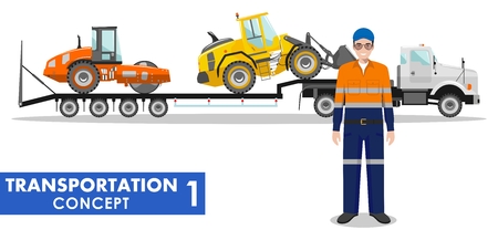 Detailed illustration of auto transporter, wheel loader, compactor and driver on white background in flat style.のイラスト素材