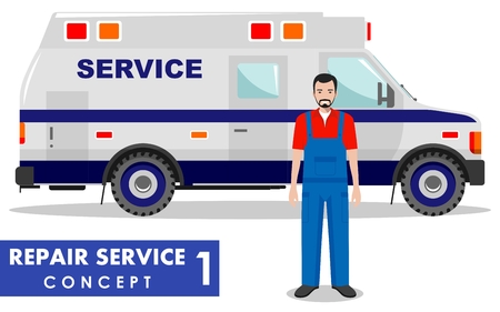 Detailed illustration of service car and master repairer on white background in flat style.のイラスト素材