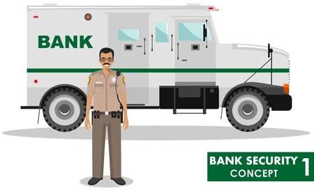 Detailed illustration of bank armored car and security guard on white background in flat style.のイラスト素材