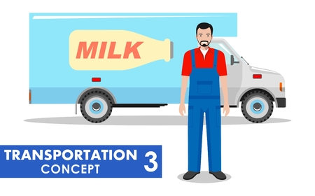 Detailed illustration of milk truck and driver on white background in flat style.のイラスト素材