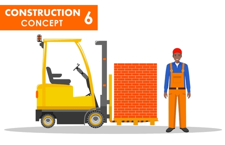 Detailed illustration of forklift and worker in flat style on white background.のイラスト素材