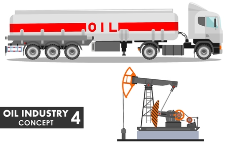 Detailed illustration of gasoline truck and oil pump in flat style on white background.のイラスト素材