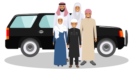 All age group of arab man family. Generations man. Arab people father, mother, son and daughter, standing together in traditional islamic clothes near the car. Social concept. Family concept.のイラスト素材
