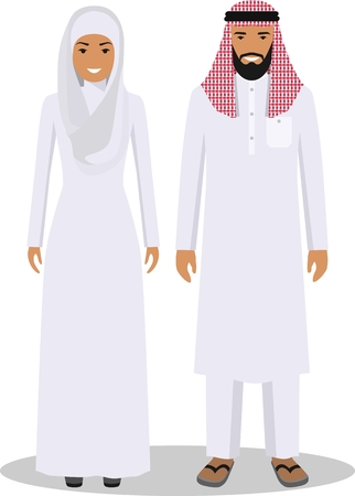 Arab people men and women standing together in traditional islamic clothes in flat style on white background. Social concept. Family concept.のイラスト素材