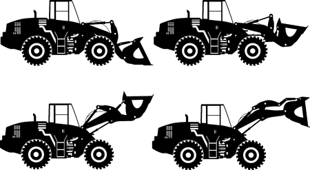 Silhouette illustration of wheel loaders, heavy equipment and machinery on white background.のイラスト素材