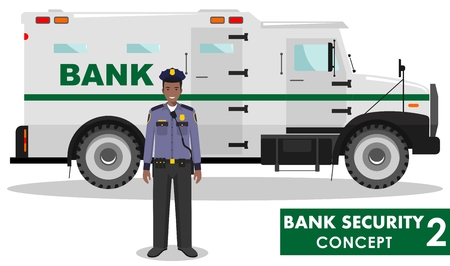 Detailed illustration of bank armored car and security guard on white background in flat style.のイラスト素材