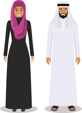 Arab people men and women standing together in traditional islamic clothes in flat style on white background. Social concept. Family concept.のイラスト素材