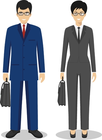 Couple of creative asian people isolated on white background. Set of business asian man and woman standing together. Cute and simple in flat style.のイラスト素材