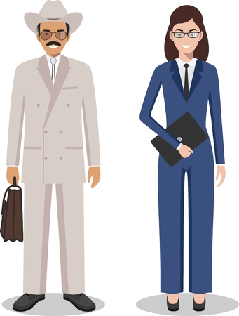 Couple of creative american people isolated on white background. Set of business USA man and woman standing together. Cute and simple in flat style.のイラスト素材