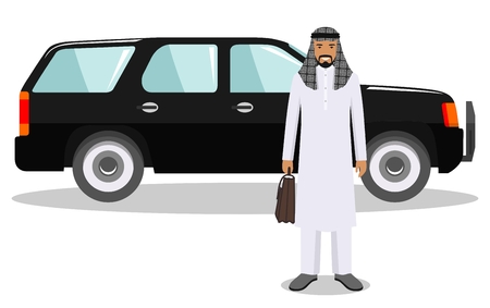Detailed illustration of automobile and saudi arabic businessman on white background in flat style.のイラスト素材